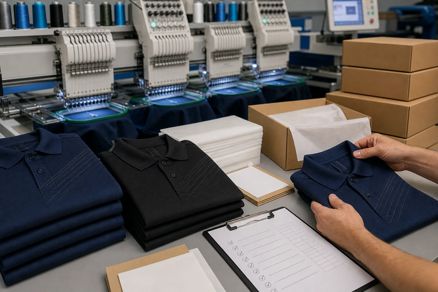 An unbranded contract apparel order moving through quality control and confidential fulfillment