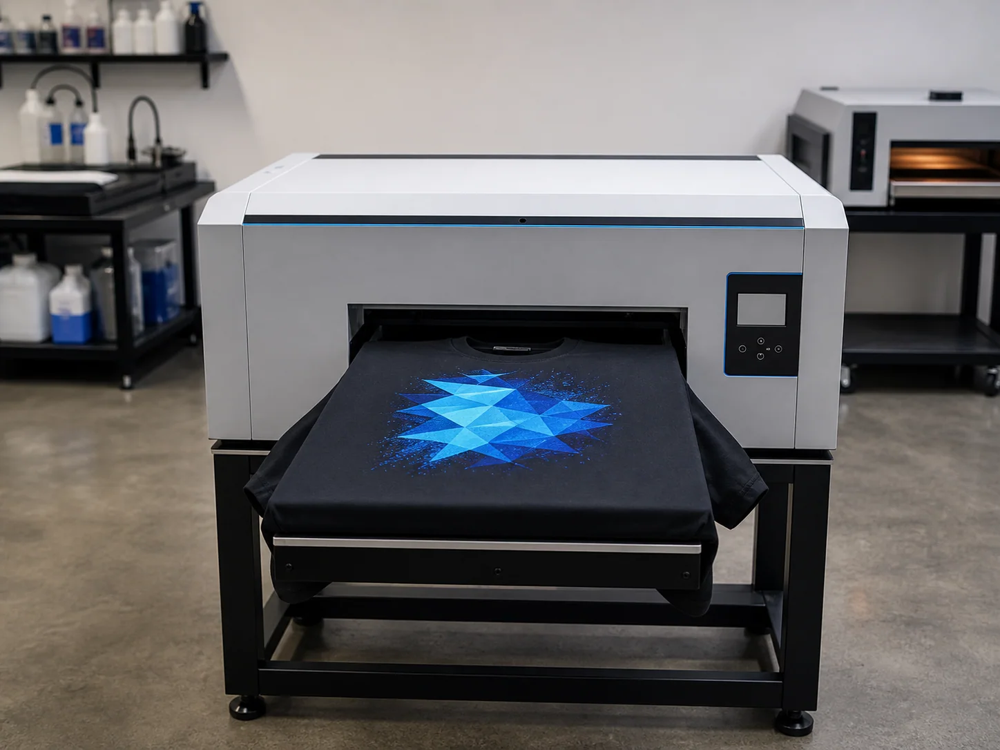 A direct-to-garment printer applying a blue full-color design to a black shirt