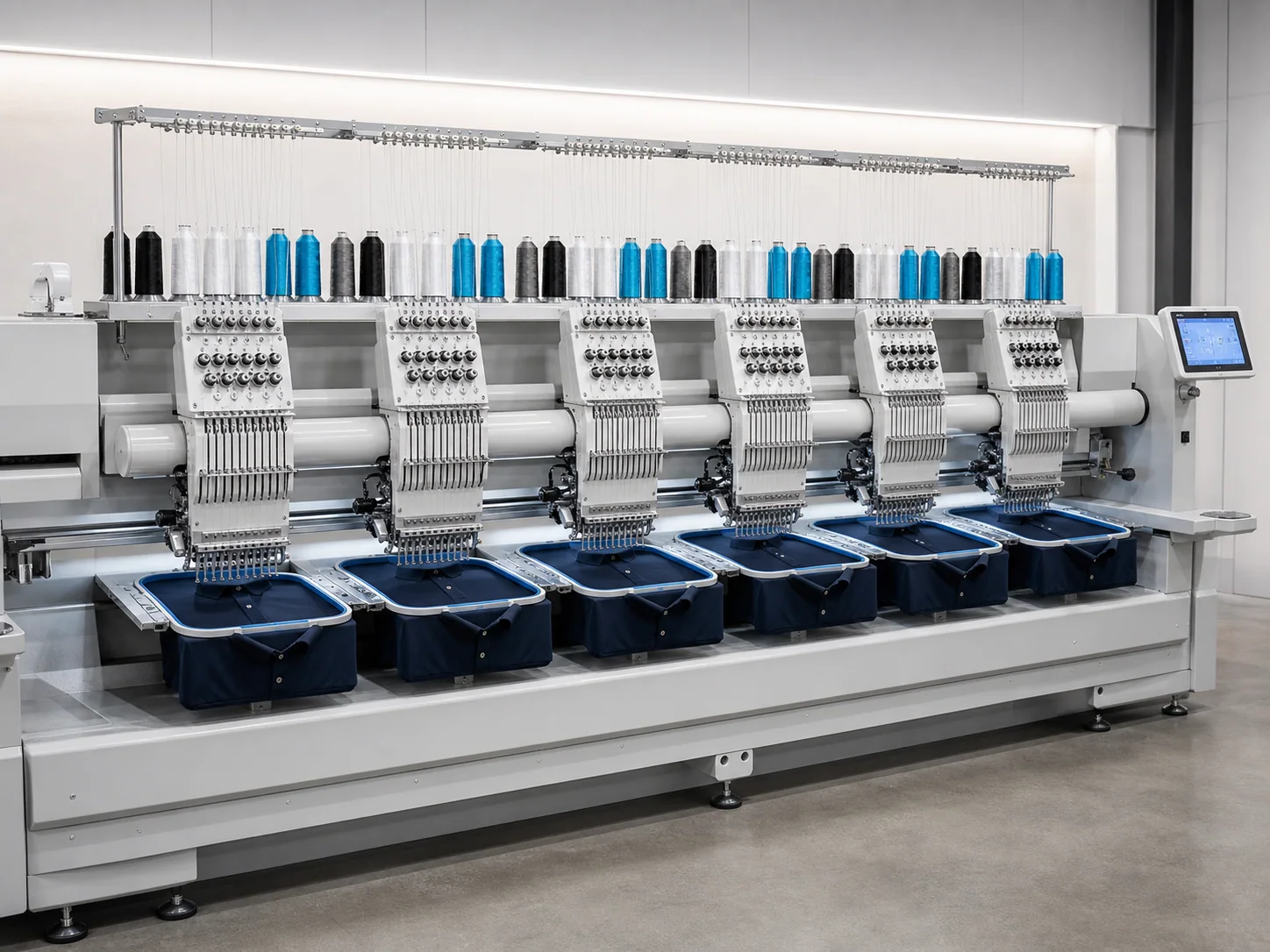 A commercial multi-head embroidery machine stitching customized apparel