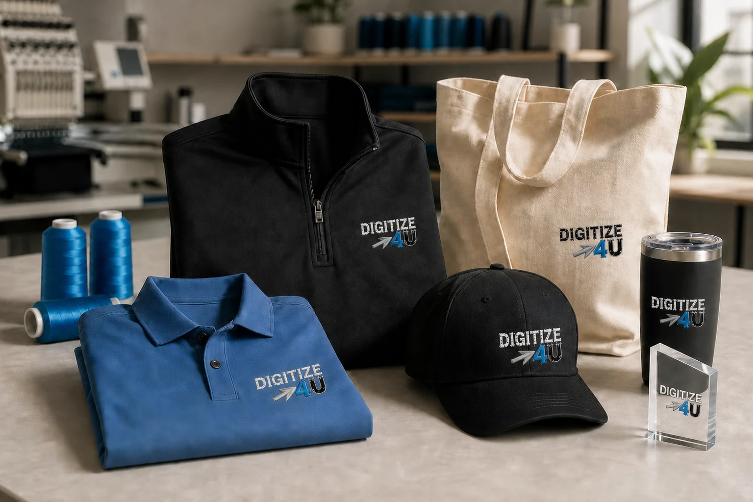 Coordinated business apparel and promotional products in blue, black, and neutral colors