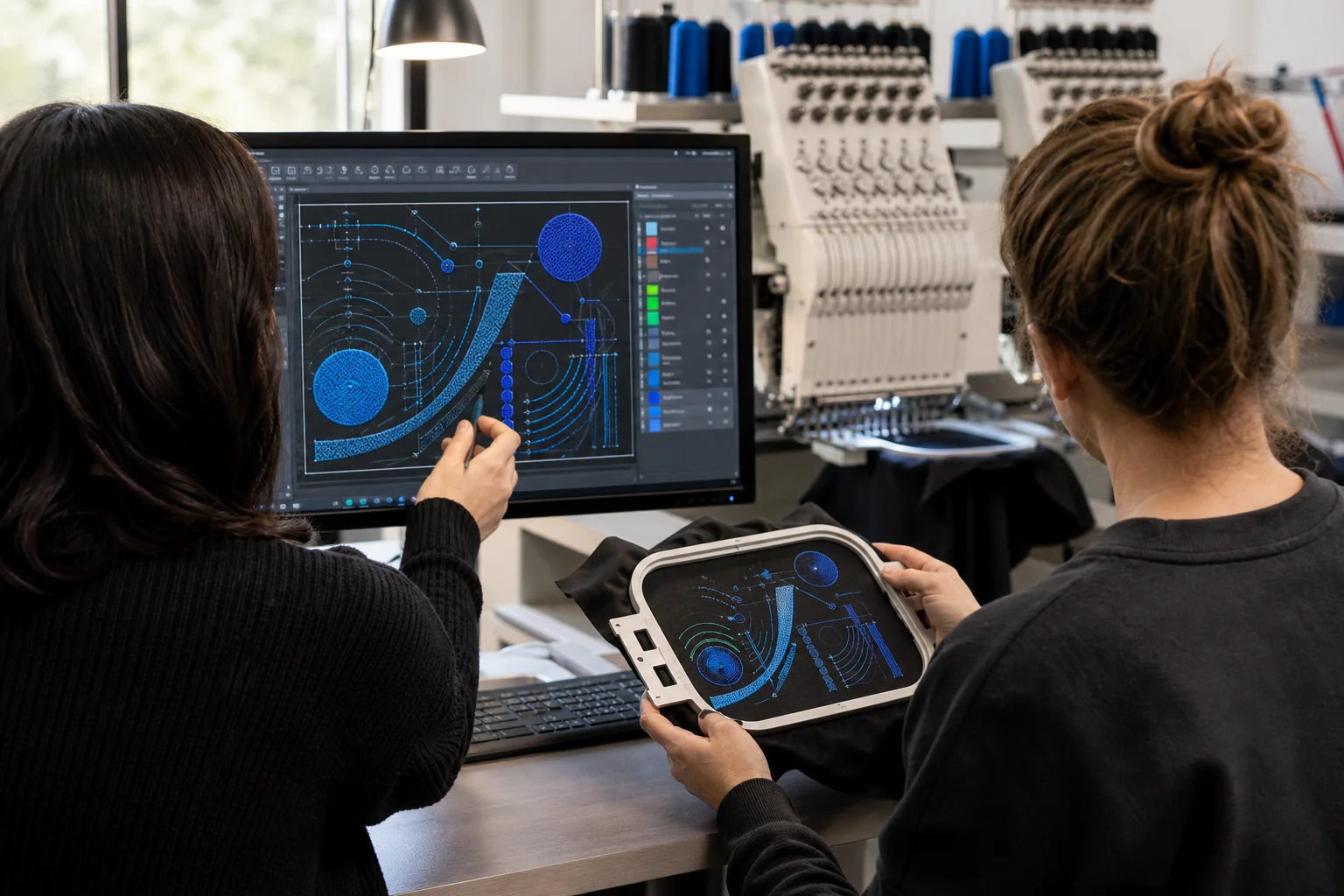 Two production professionals reviewing embroidery artwork and a stitched sample